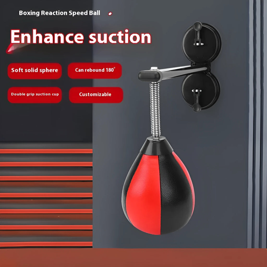 Red and black PU hanging boxing training ball with pump and mounting screw on a white background