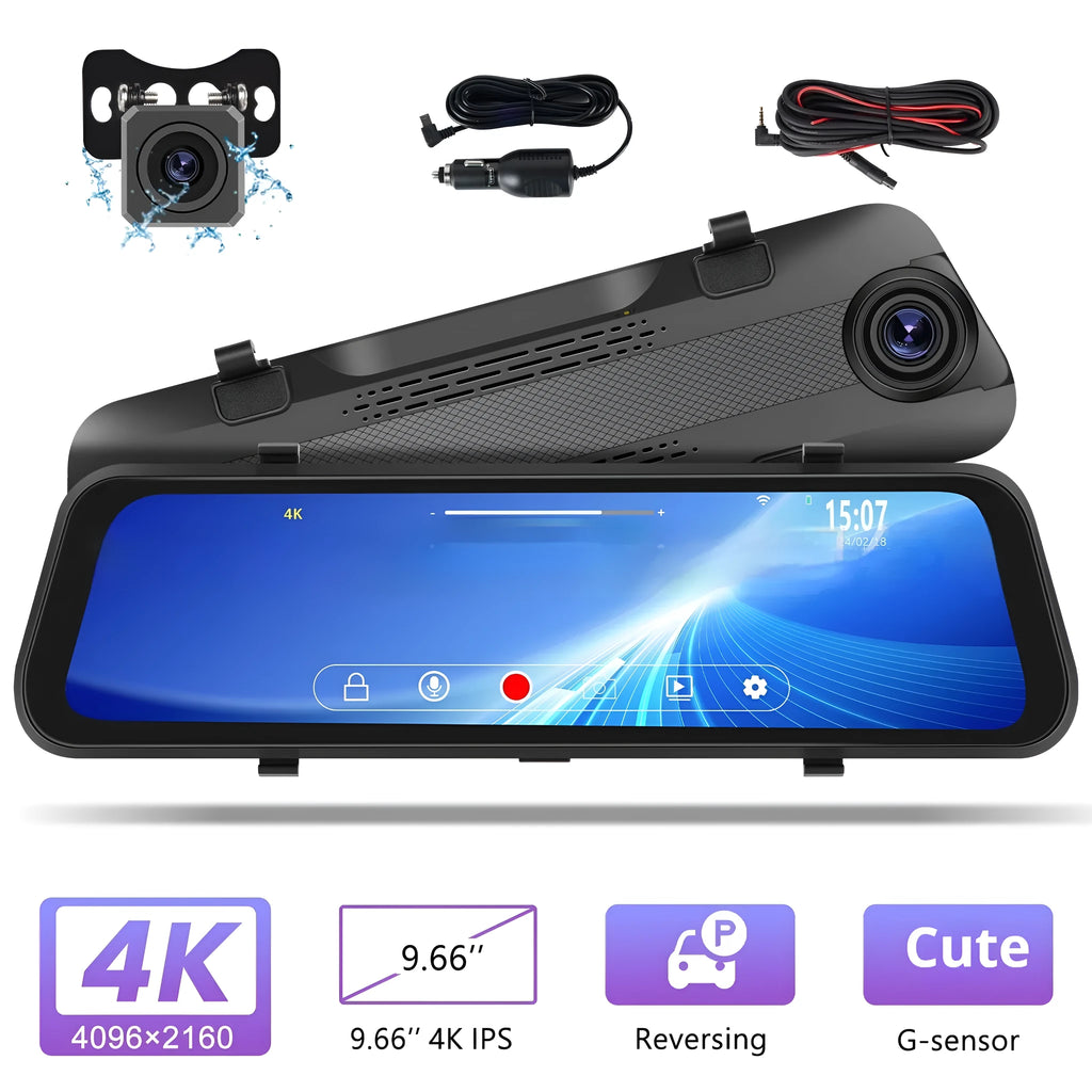 Streaming media rearview mirror with large touch screen mounted in a car, showing dual camera display.
