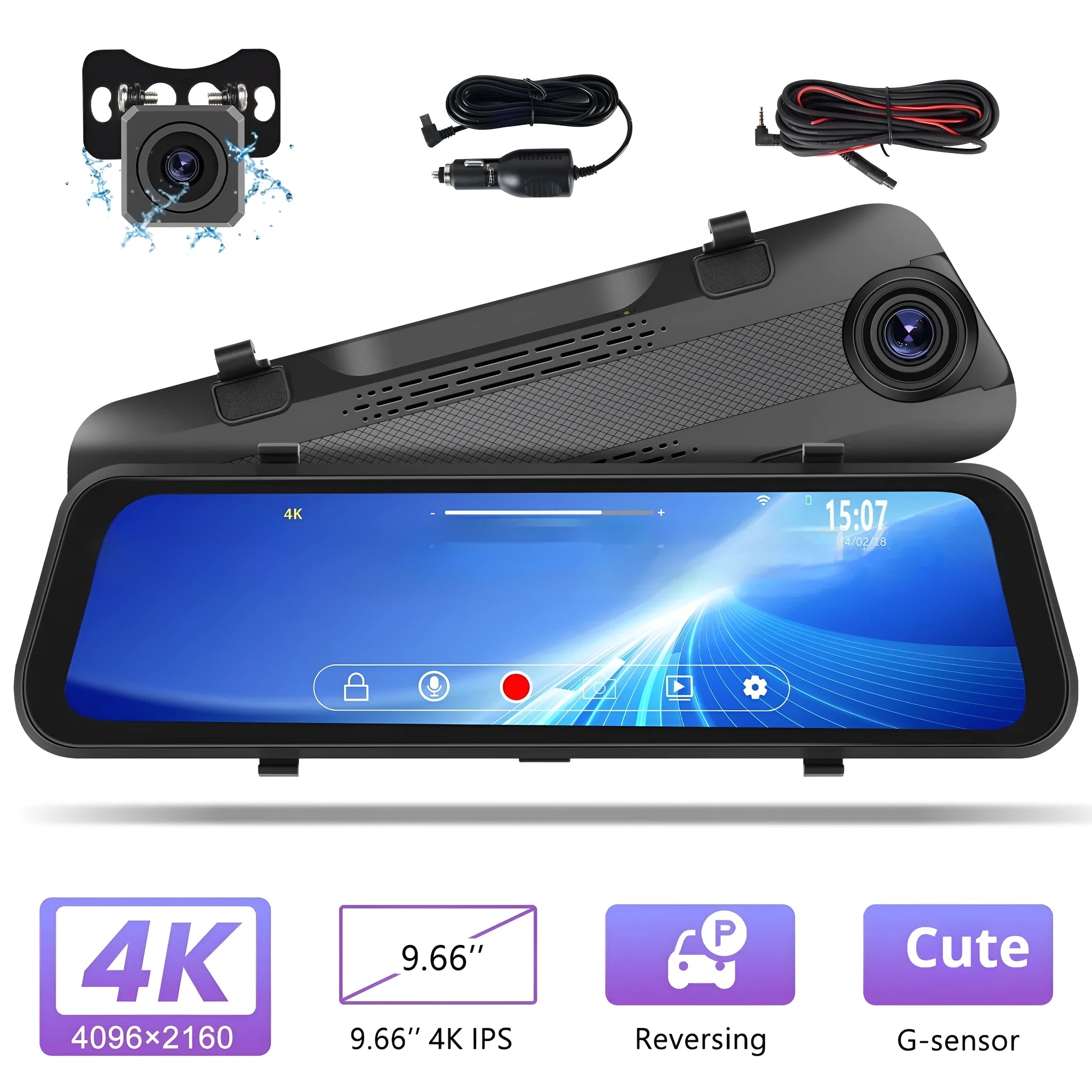 Streaming media rearview mirror with large touch screen mounted in a car, showing dual camera display.