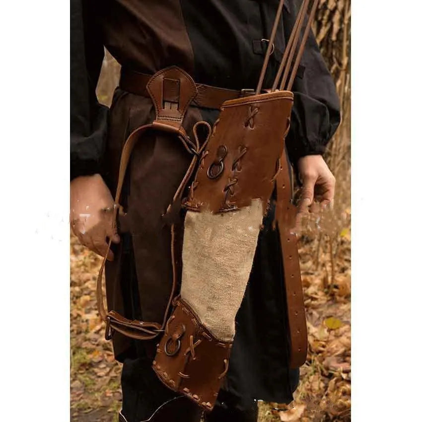 Warrior hand woven PU skin spliced quiver in brown with stitching pattern for archery