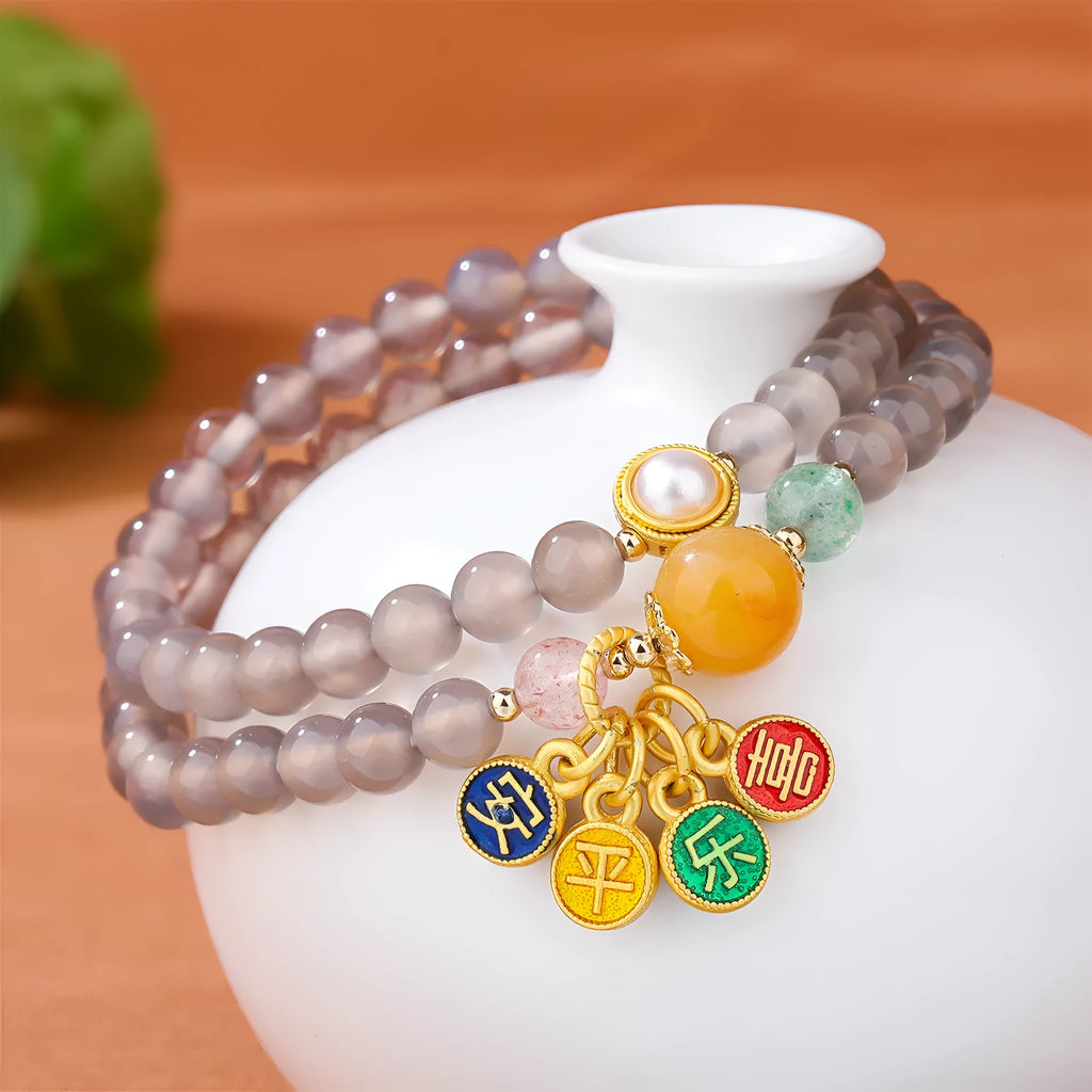 Natural grey agate women's bracelet with two-circle design and retro style