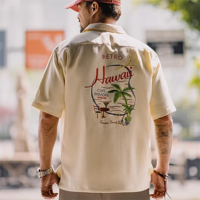 Light apricot Cuban collar shirt with bamboo floral pattern for men