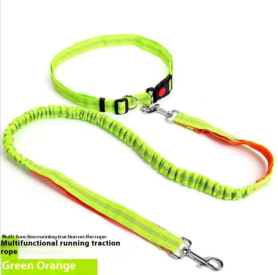 Grey and green reflective elastic dog leash with clip, shown coiled on a table.