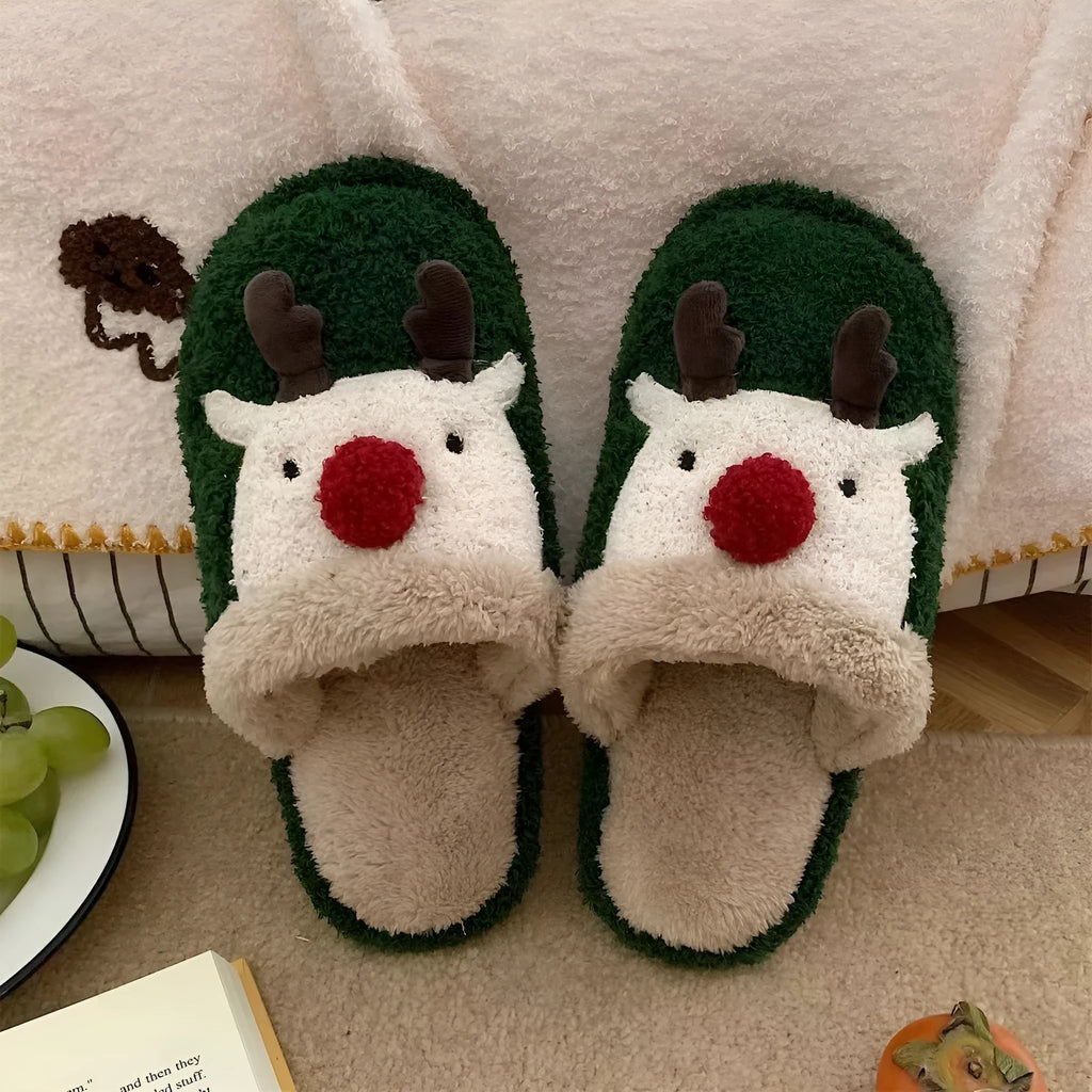 Women's Christmas deer design plush slippers with non-slip PVC soles in green, pink, and brown colours