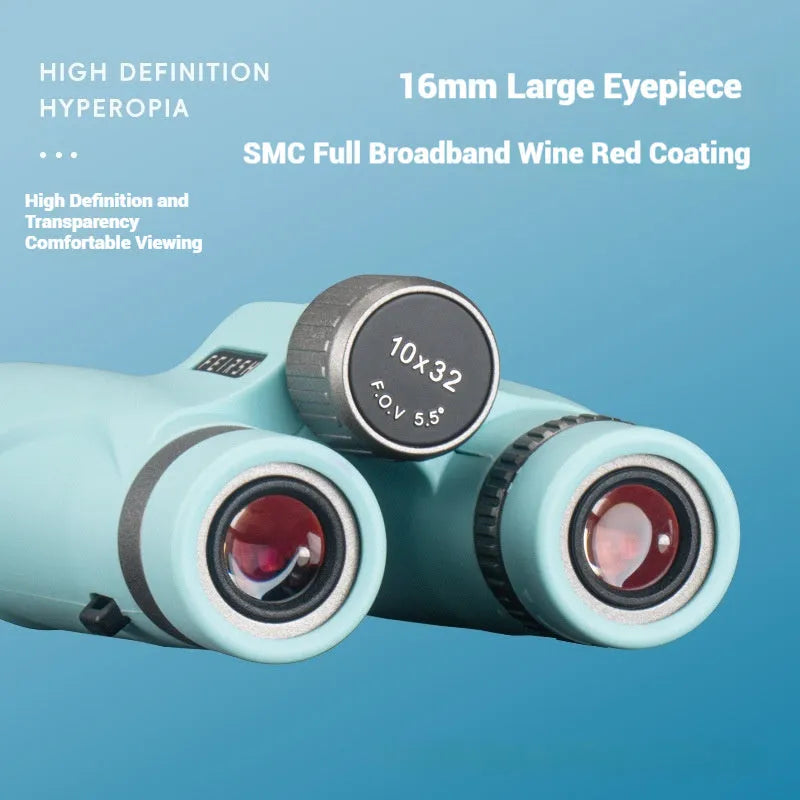 Compact blue binoculars with 10x32 magnification shown from multiple angles