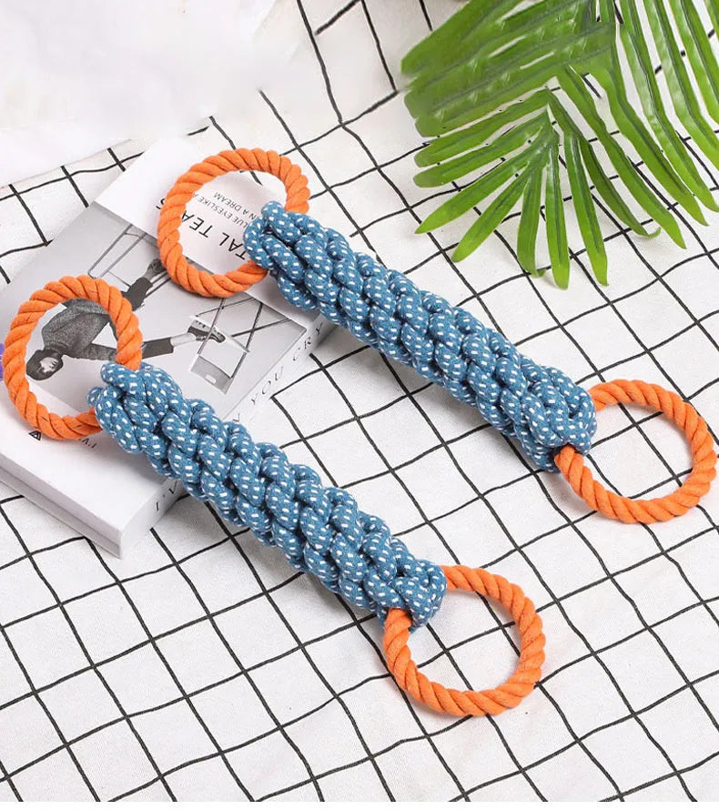 Blue double-ring dog chew toy with braided cotton bone rope measuring 37cm long