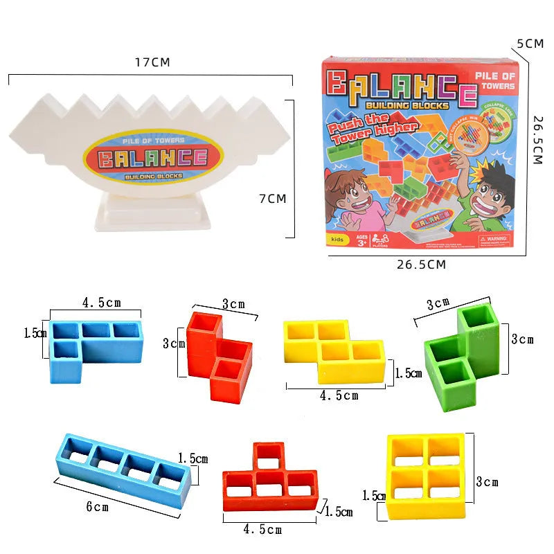 Plastic balance stacking board game with coloured blocks, chassis, and base for kids and adults.