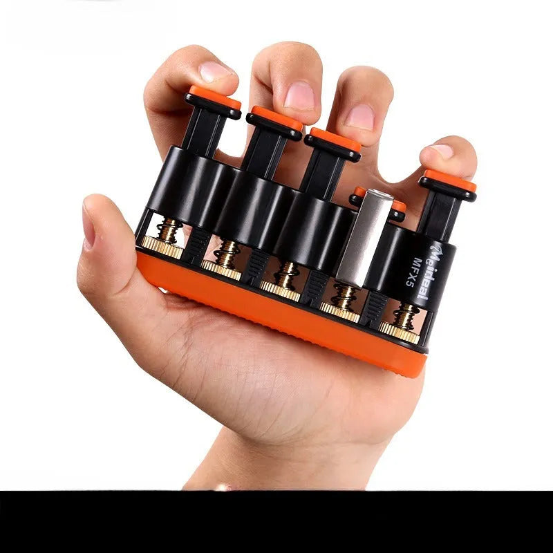 Grey and orange non-slip silicone finger trainer for guzheng, piano, and guitar hand muscle development.