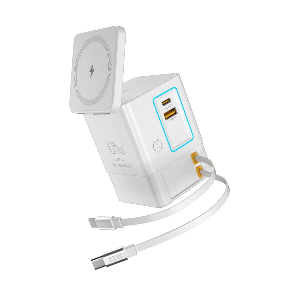 105W black Gallium Nitride magnetic wireless charger with interchangeable UK EU US AU plugs