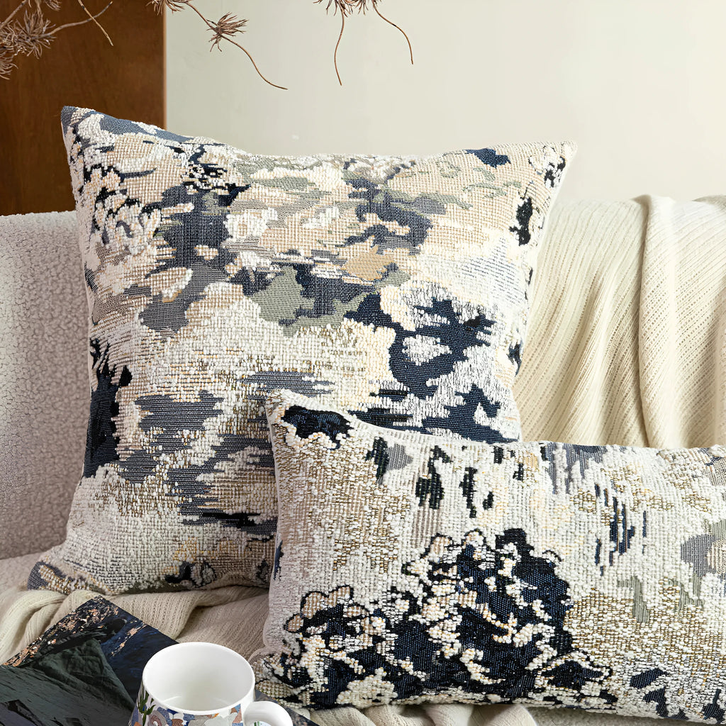 Antique blue floral patterned cushion cover in wool blend fabric, shown in square and rectangular sizes.