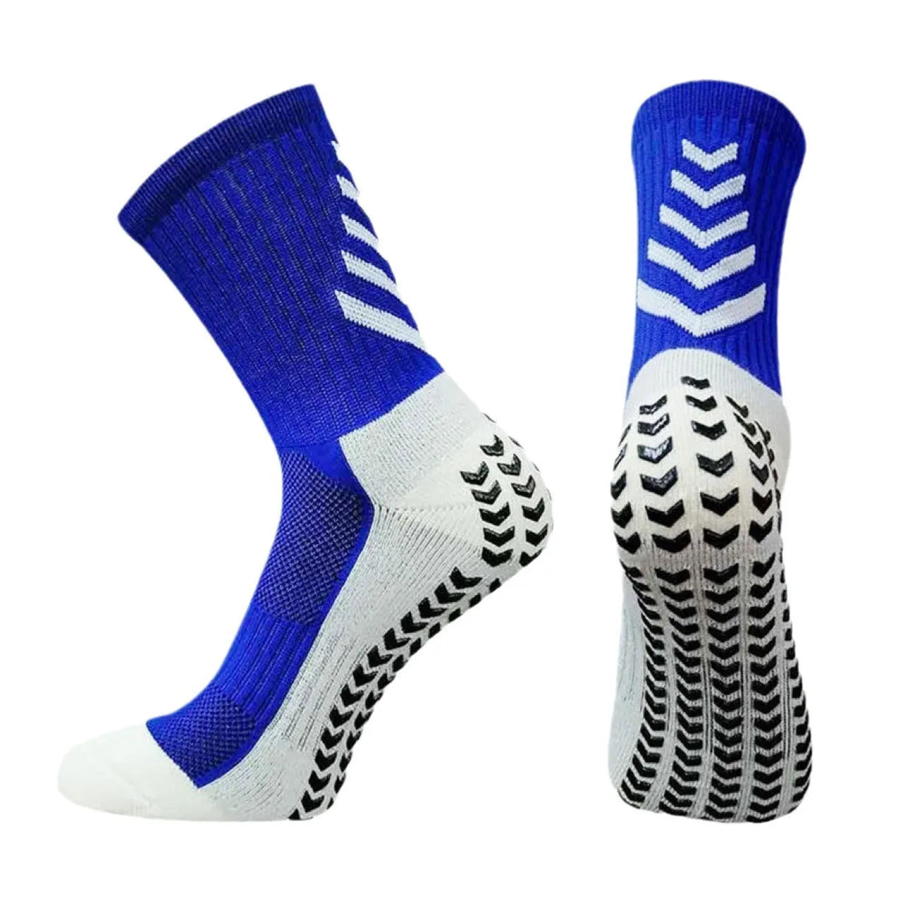 Men's athletic mid-calf socks with geometric arrow patterns and non-slip silicone grip