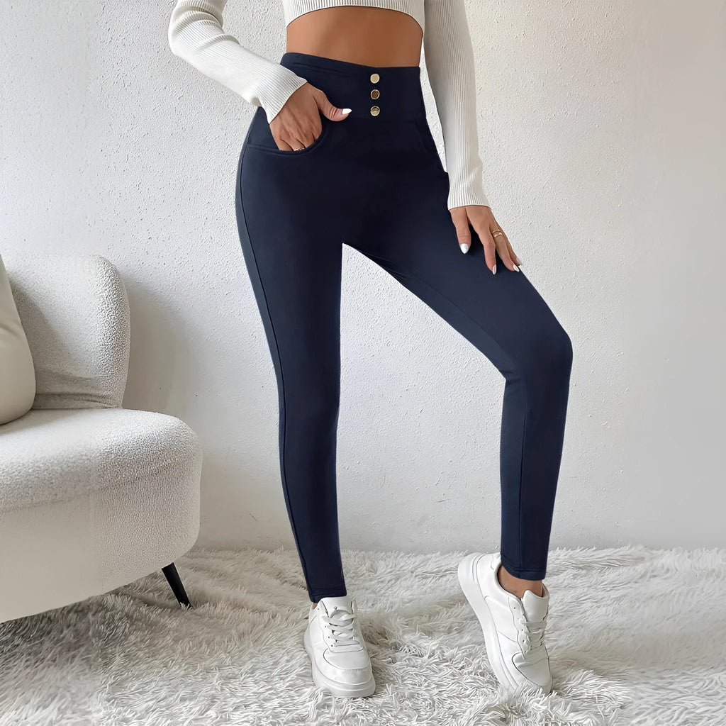 Navy blue women's high-waist straight-leg casual trousers on a hanger