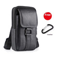 Man's black composite cowhide leather crossbody waist bag with a lock, shown in a vertical square shape.