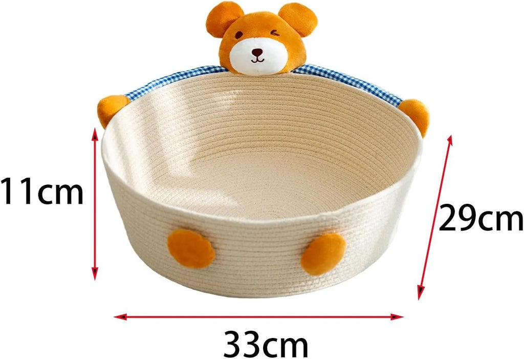 Woven cotton rope cat bed and scratcher basket with rabbit design, shown in three available sizes.