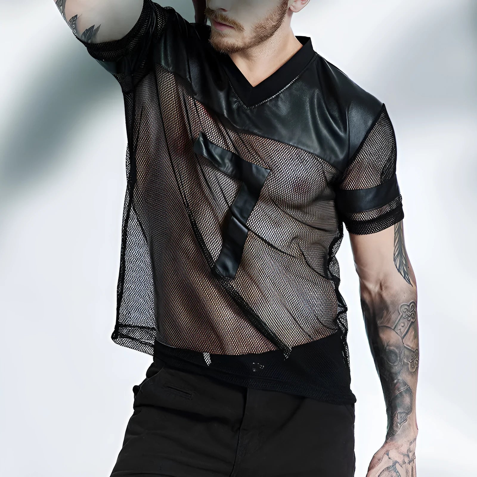 Men's black mesh sports t-shirt with V-neck design and stitching collage craft on short sleeves