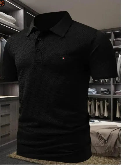 Men's loose fit short-sleeved polo shirt with a lapel collar in a solid colour.
