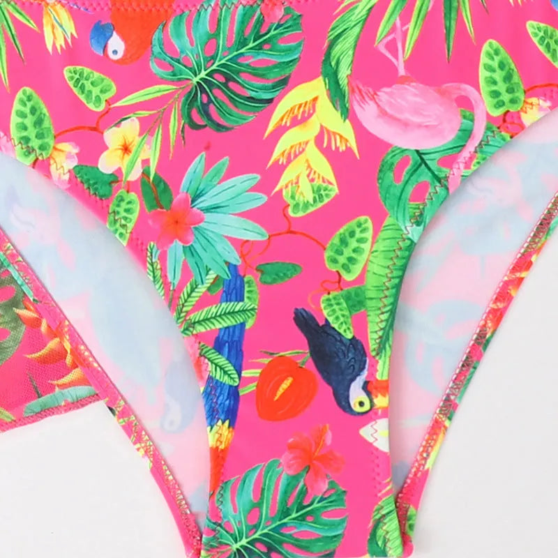 Girls' floral pattern split overlayer bikini swimsuit on white background