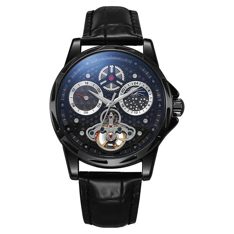Men's automatic watch with luminous hands on a steel bracelet, showing a black dial and case.