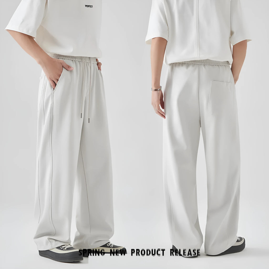Men's straight leg casual trousers in cotton blend fabric with lace-up high waist closure