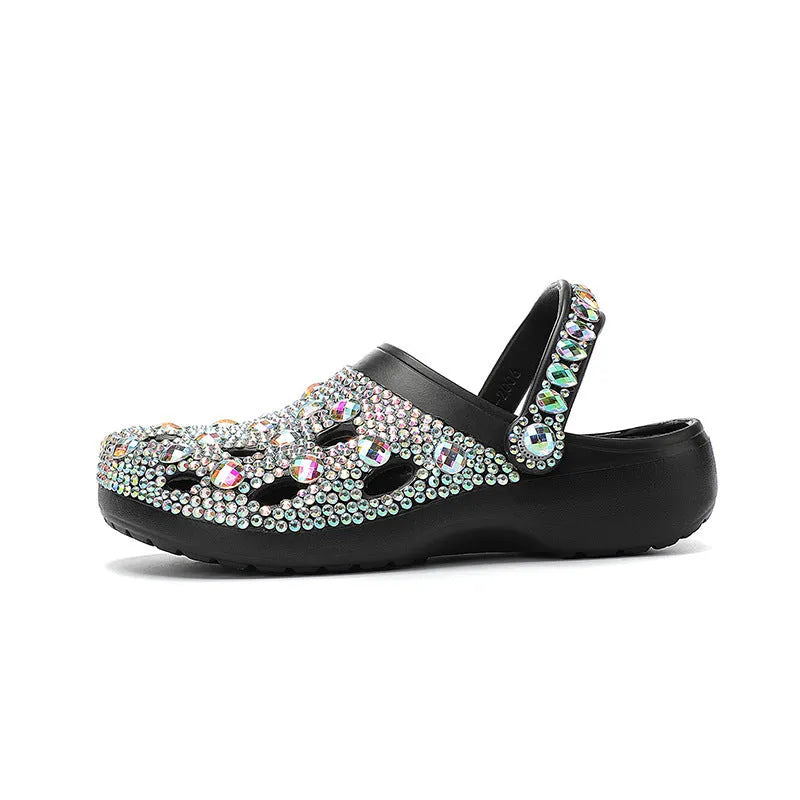 Black women's platform sandals with rhinestone detailing on EVA upper and sole.