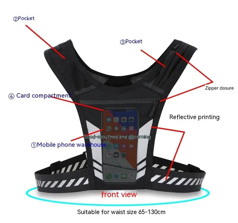 Breathable polyester chest bag in black, free size adjustable waist for outdoor sports and leisure travel