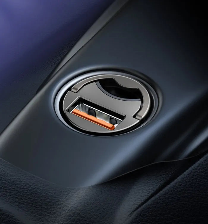 Baseus electro-optical grey 30W PPS fast car charger with single USB port and attached cable.