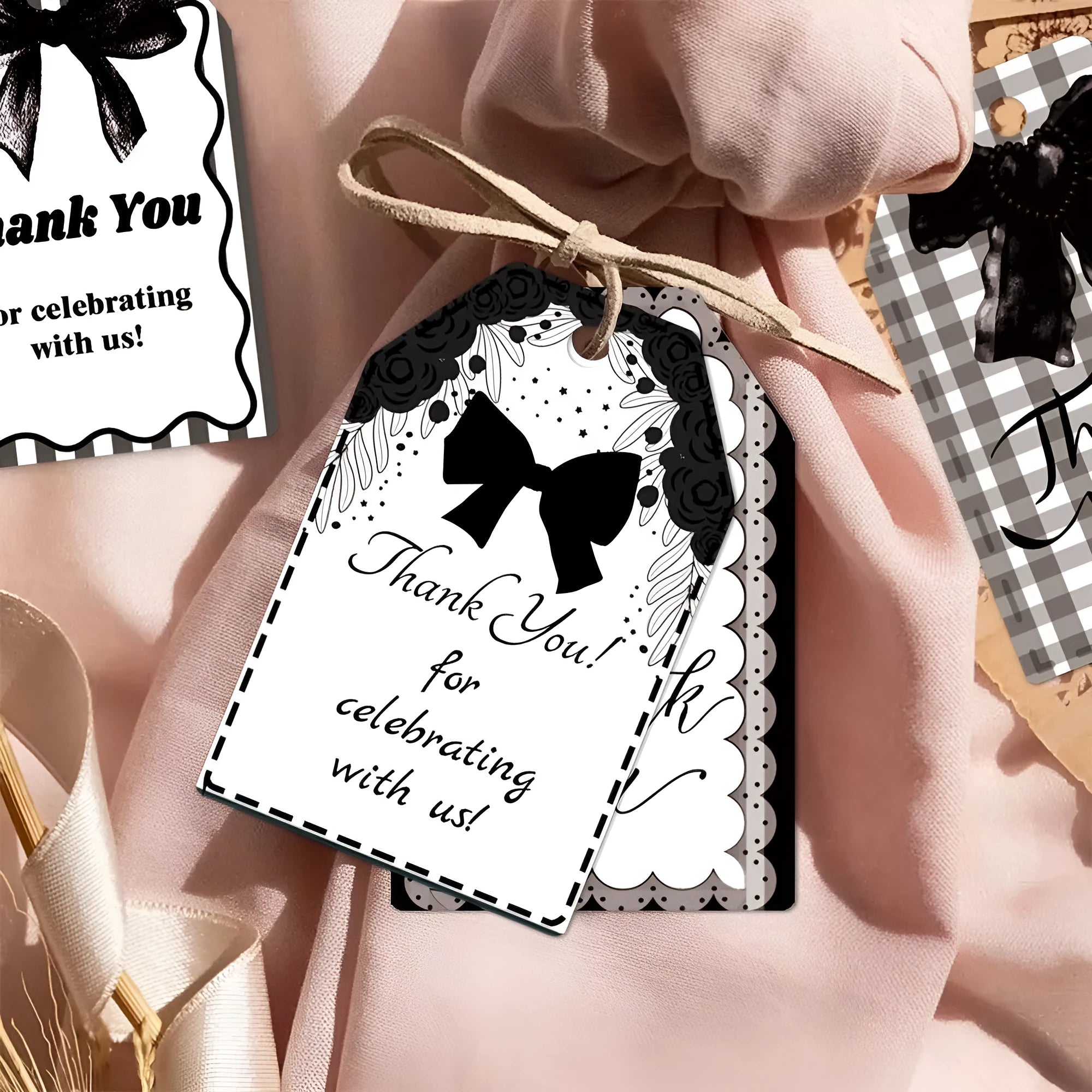 Three styles of birthday party gift tags with bowknot designs and hemp rope ties