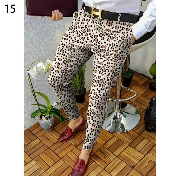 Men's slim-fit plaid casual trousers with 3D printed pattern in straight leg design