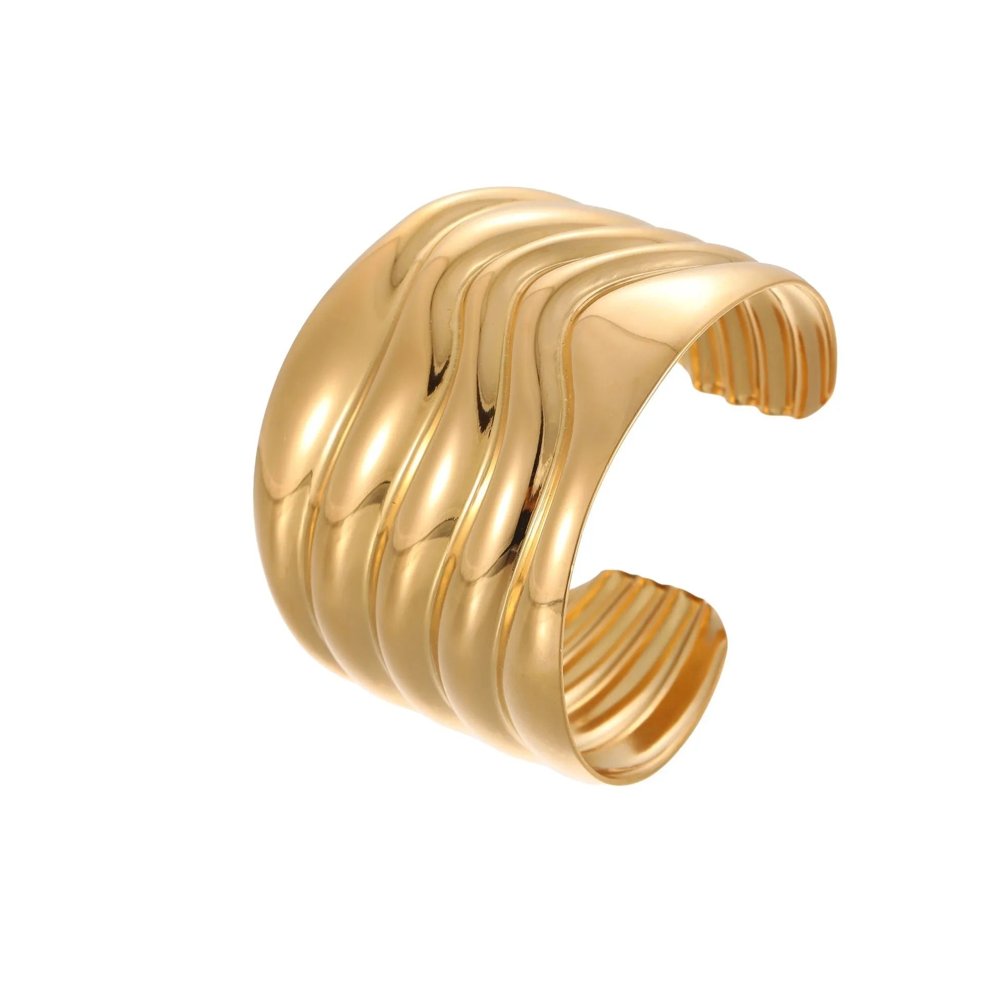 Women's gold plated stainless steel bracelet with wide geometric wave design and niche opening