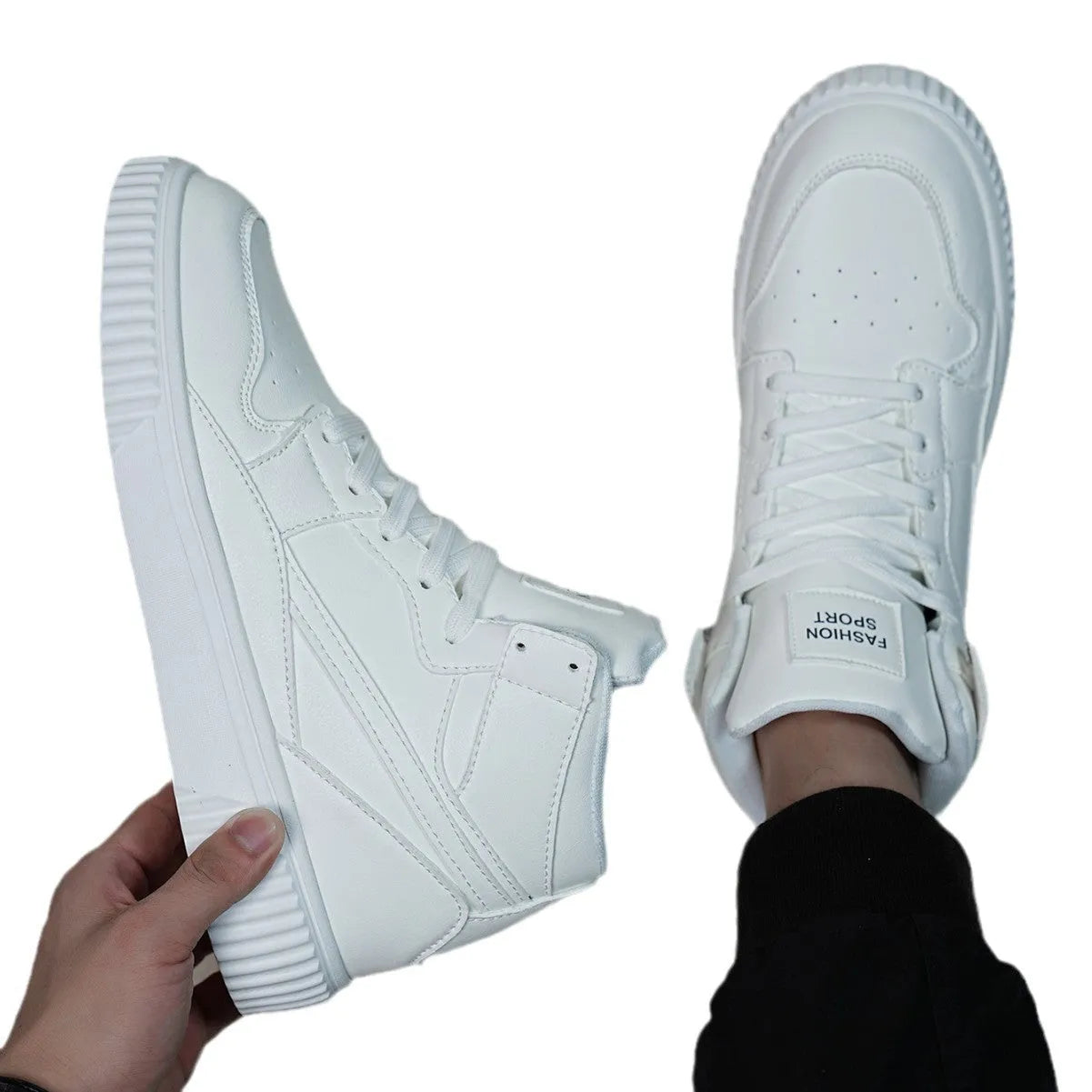 Men's white round toe casual shoes with a microfibre upper on a plain background.