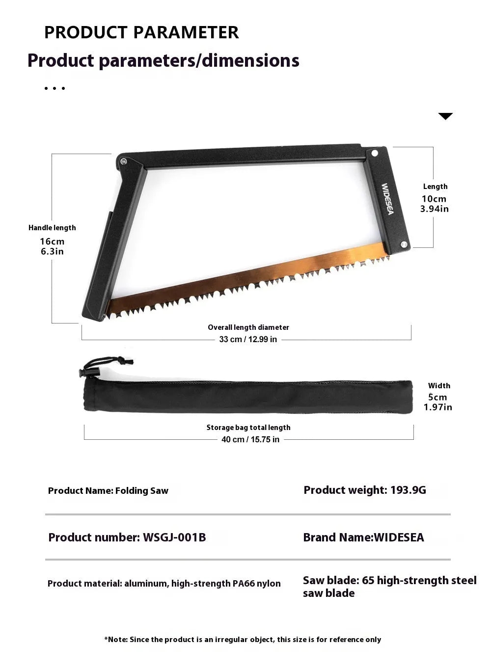 Black foldable outdoor survival saw with aluminium frame in open and closed positions.