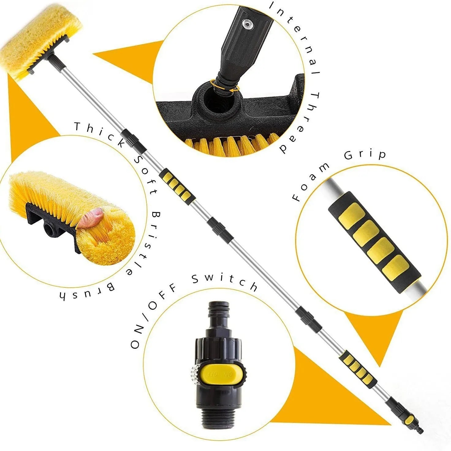 Car wash brush with four-section removable rod and flow-through head in yellow colour