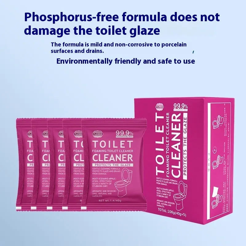 Toilet bubble effervescent cleaning powder in blue ocean and pink floral scents, showing large bag and box of sachets.