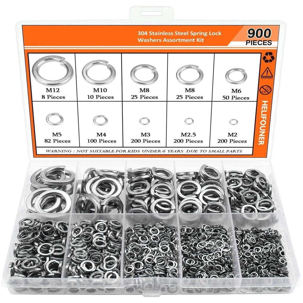 304 stainless steel spring lock washer assortment box with 900 pieces for M2 to M12 bolts