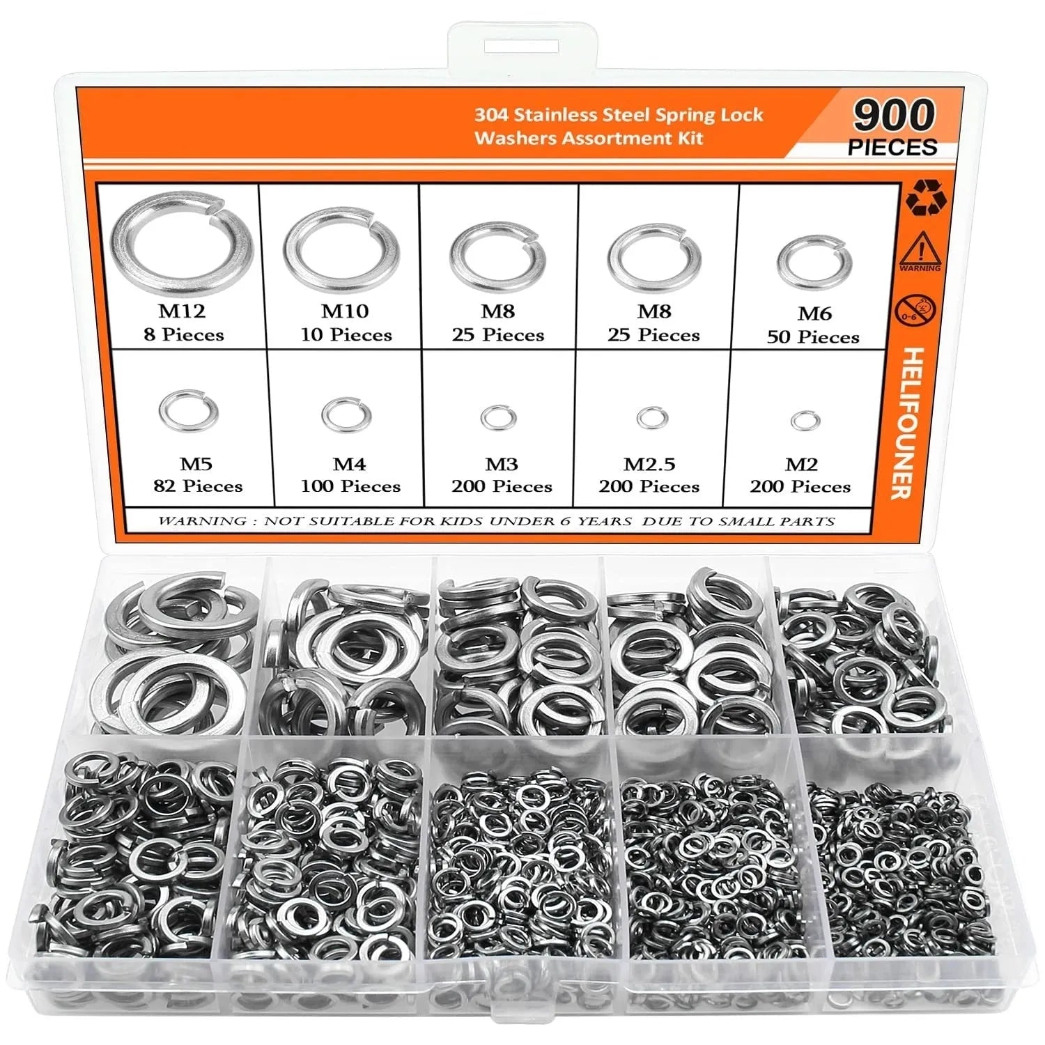304 stainless steel spring lock washer assortment box with 900 pieces for M2 to M12 bolts