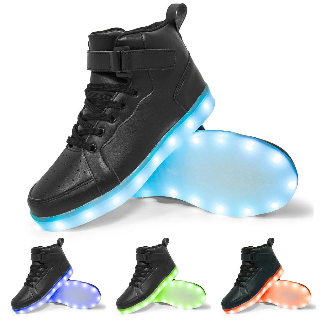 LED light-up high-top board shoes with velcro fastening in black, white, gold, silver, and pink colours