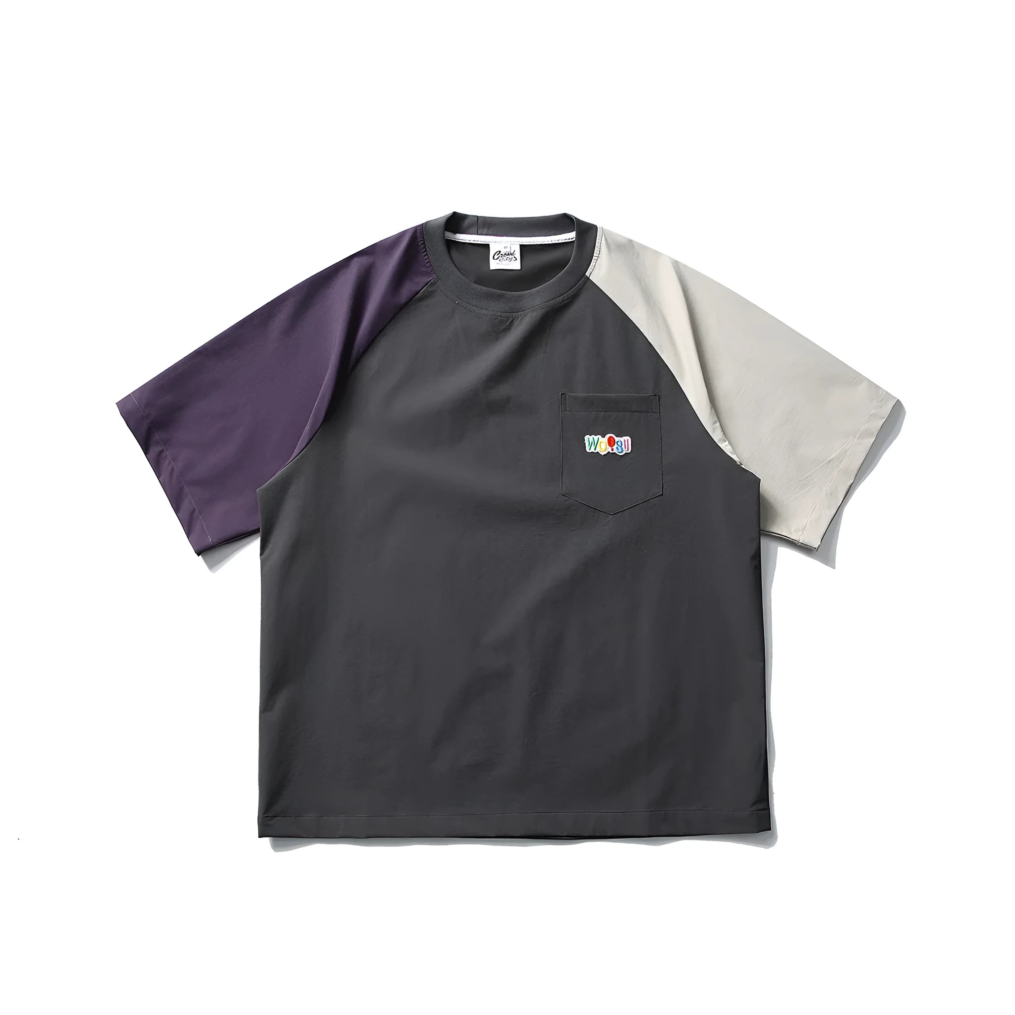 Dark grey men's quick-dry T-shirt with contrast colour raglan sleeves on a hanger.