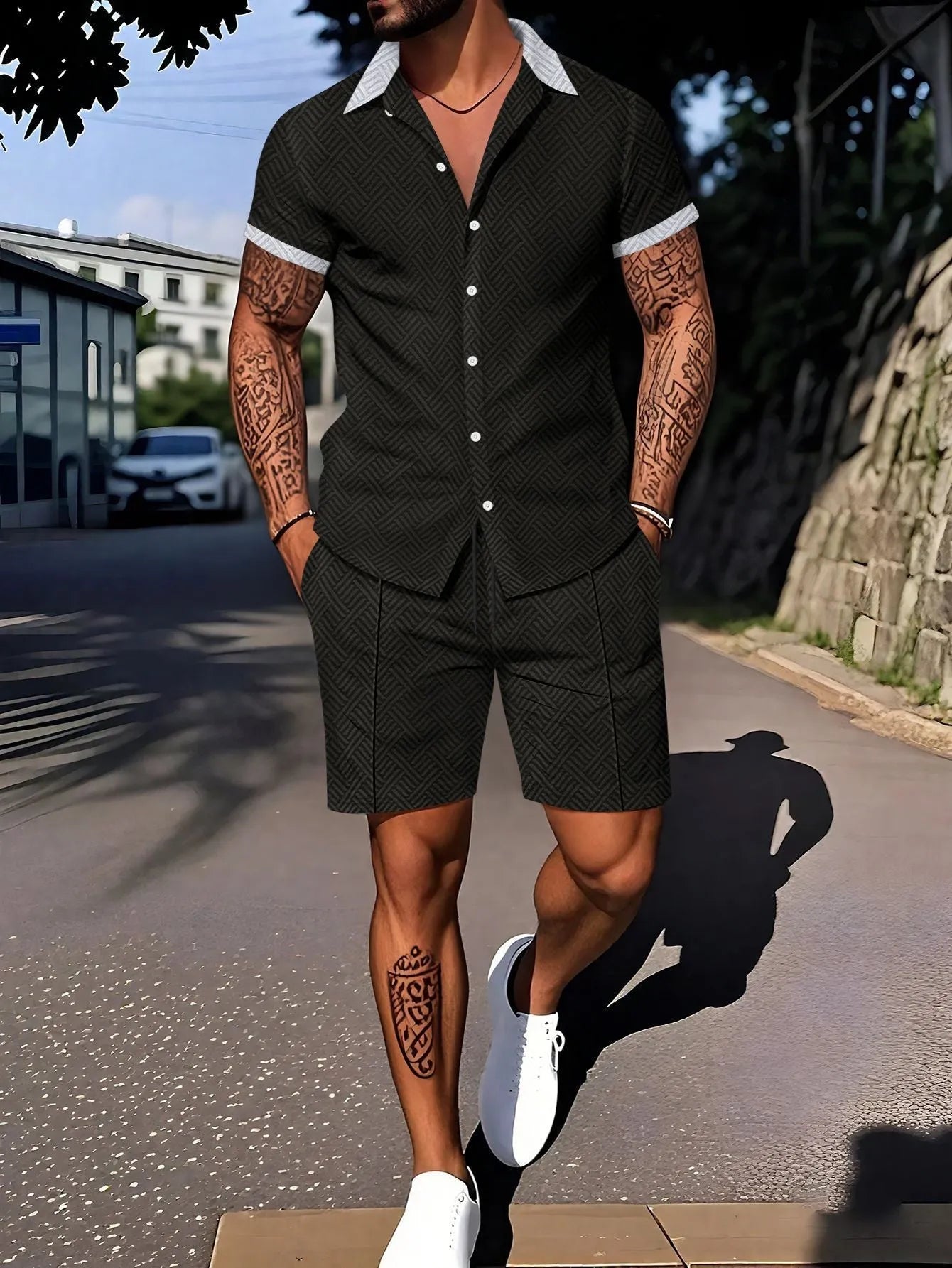 Men's casual short sleeve suit set with digital printing design in cotton blend fabric