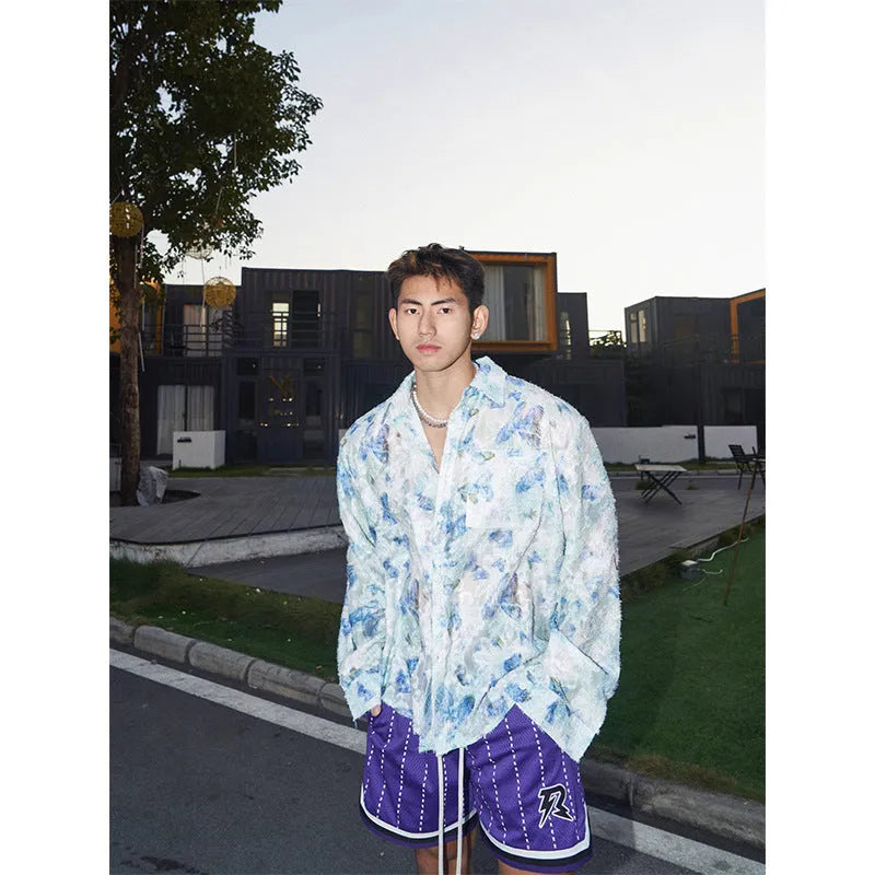 Men's loose floral long sleeve shirt with 3D embossing pattern in pink and blue colour options