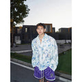 Men's loose floral long sleeve shirt with 3D embossing pattern in pink and blue colour options