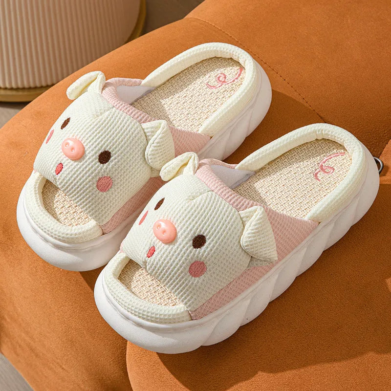 Open-toe linen couple slippers in four colours with PVC soles and sewn construction