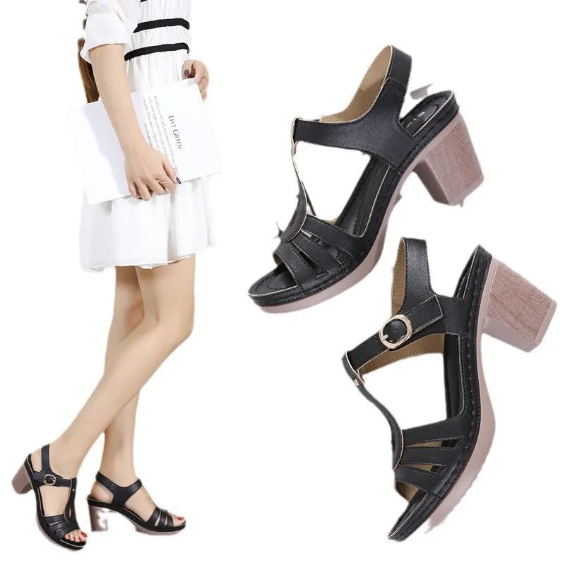 Women's patent leather thick high heel sandals with metal buckle stitching in apricot colour