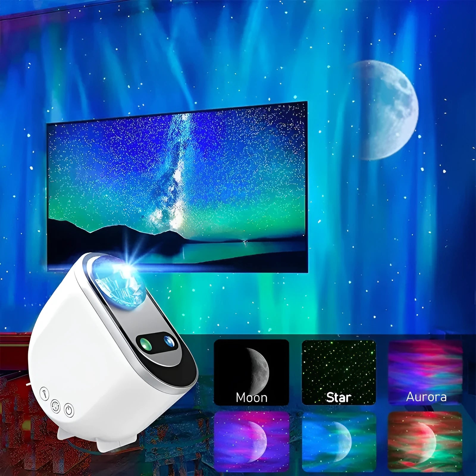 White ABS plastic Northern Lights star projector lamp with USB cable and remote control on table