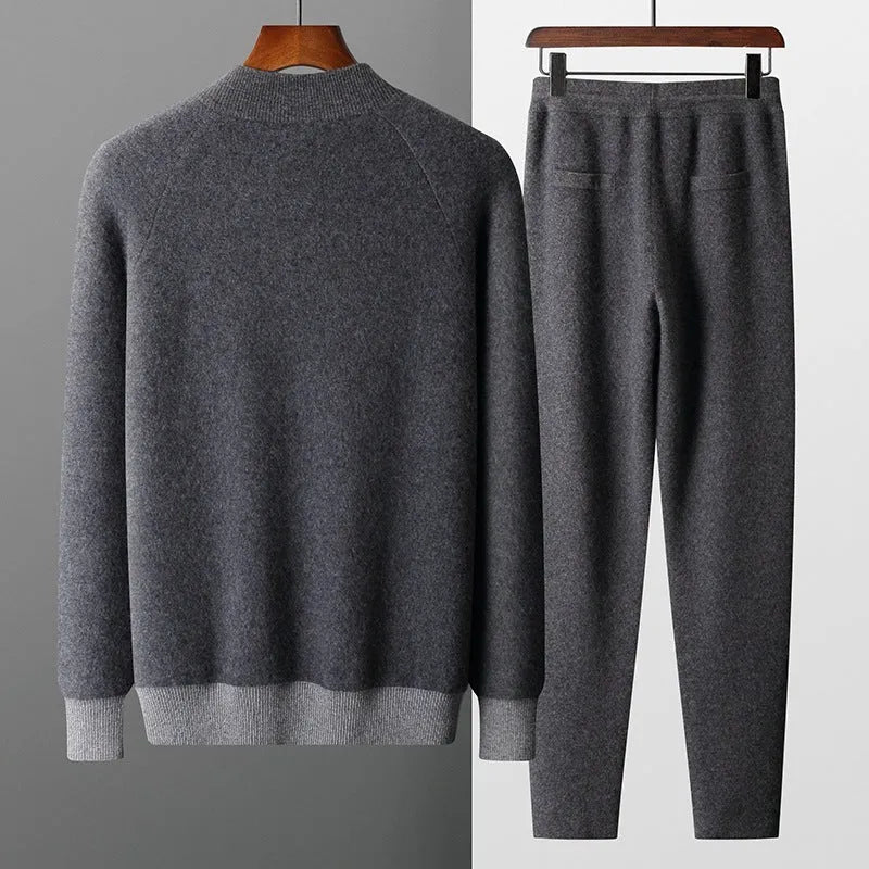 Men's navy blue cashmere wool blend half turtleneck zip cardigan and trousers suit set