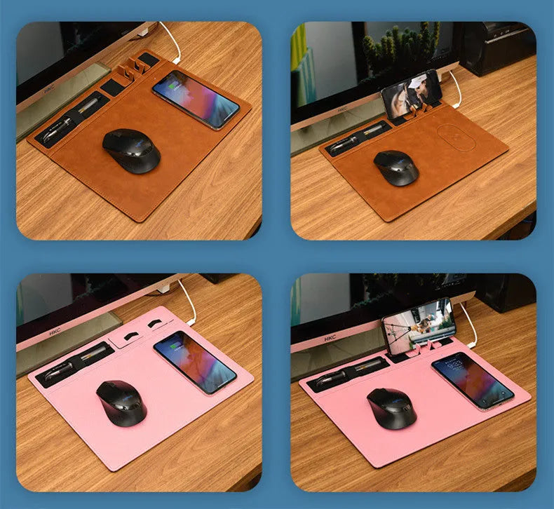 Pink wireless charging mouse pad with mobile phone holder on a desk