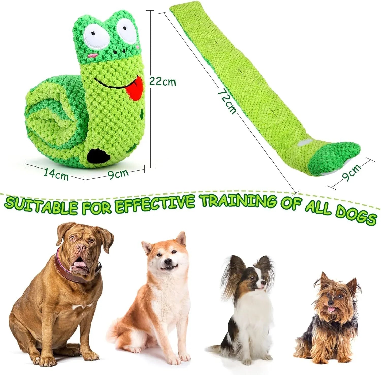 Squeaky dog toy in frog, snail or snake design with hidden food holes for foraging training