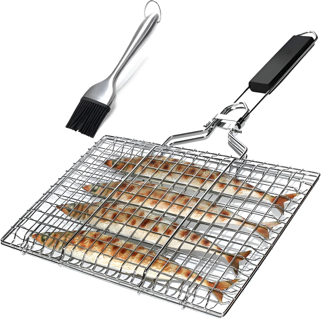 Square folding stainless steel barbecue grill mesh basket with a cleaning brush.
