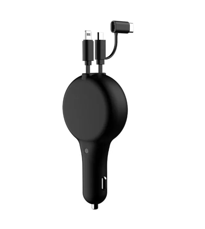 Black retractable car charger with extended cables showing Type-C, Lightning, and Micro-USB heads plugged into a car's 12V socket.