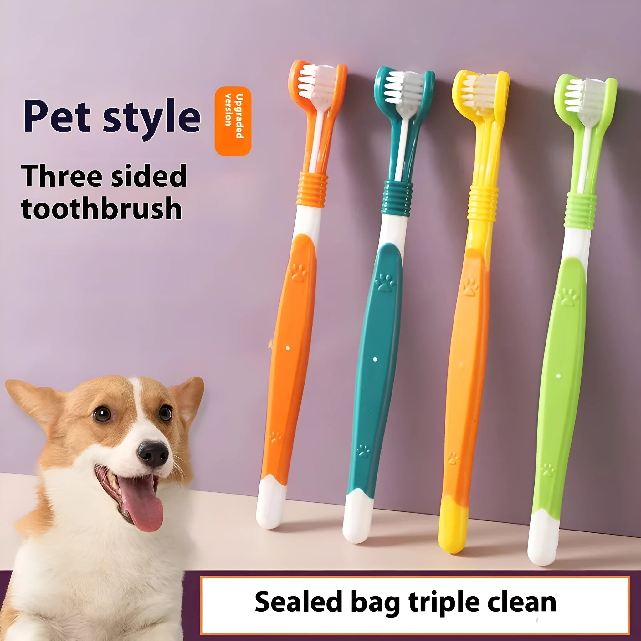 Pet toothbrush with angled head in assorted colours including orange, dark green and blue pink