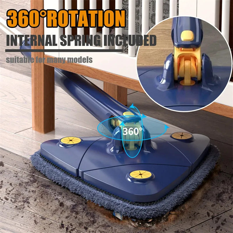 Blue triangle mop with rotating head and extendable stainless steel pole for corner and wall cleaning